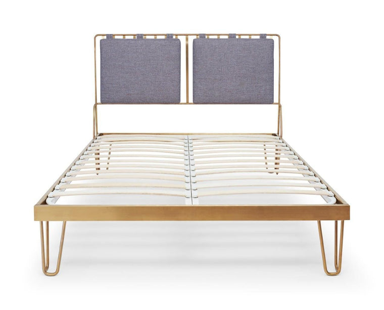 Gillmore Space Finn Double Bed Pewter Grey Upholstered & Brass Frame