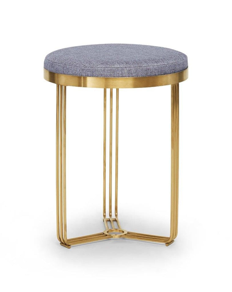 Gillmore Space Finn Circular Side Table Or Stool Pewter Grey Upholstered & Brass Frame