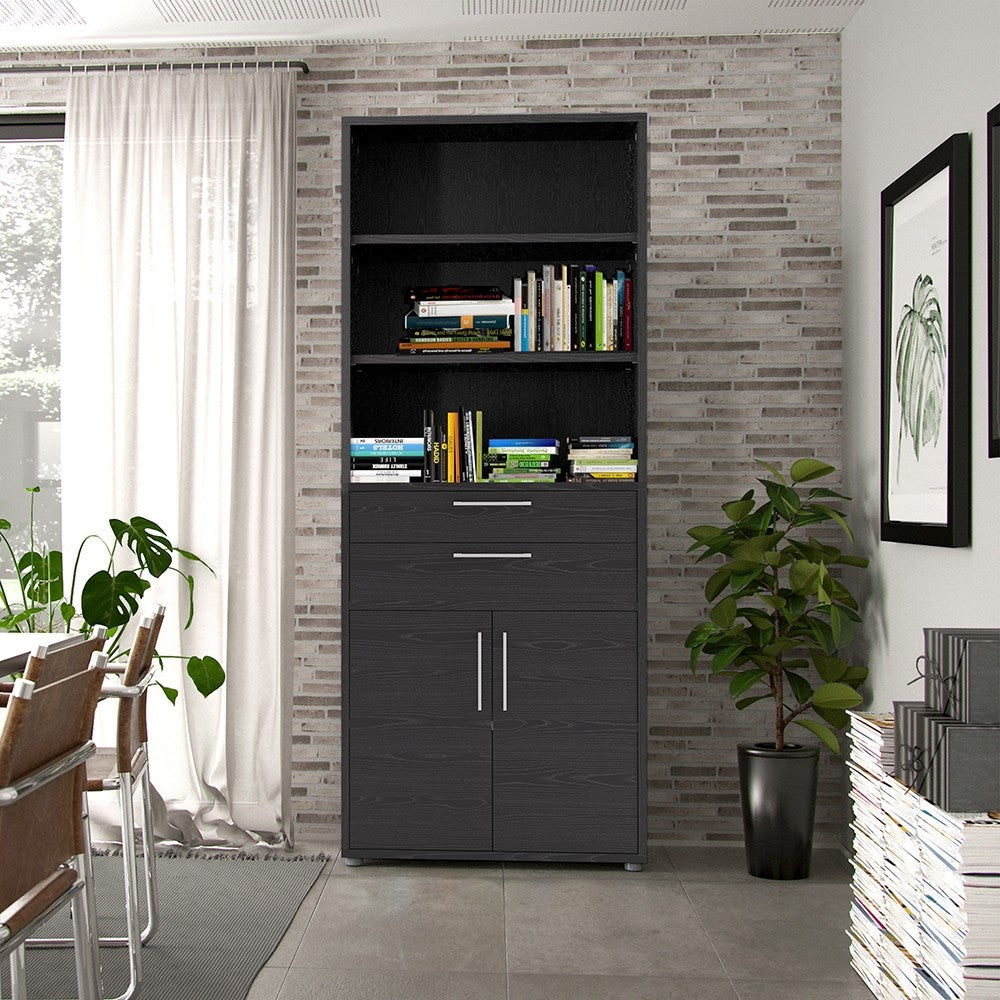 Axton Trinity Bookcase 5 Shelves With 2 Drawers And 2 Doors In Black Woodgrain