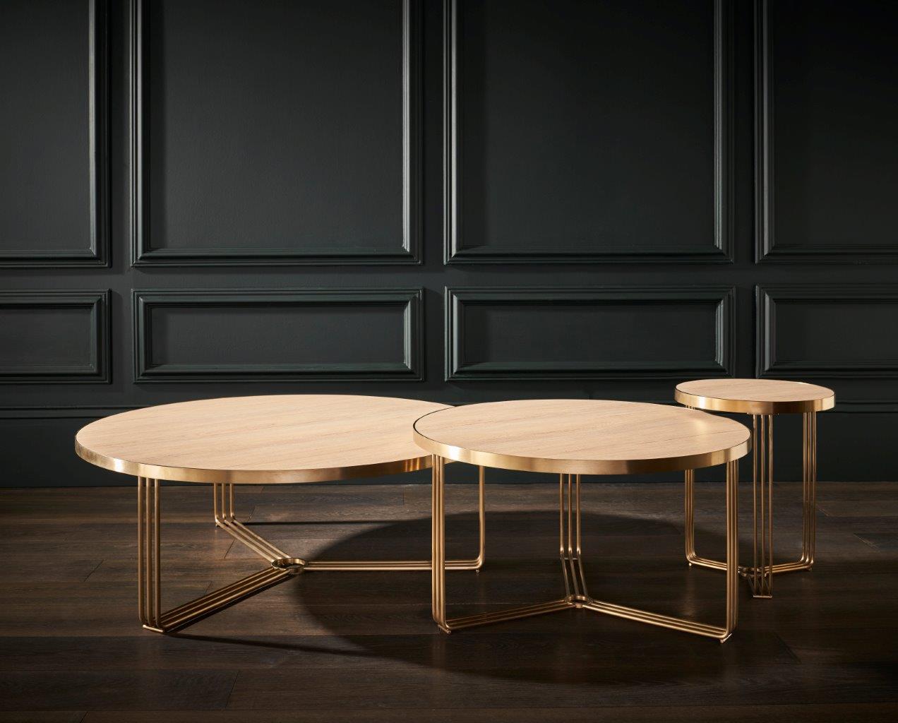 Gillmore Space Finn Large Circular Coffee Table Pale Oak Top & Brass Frame