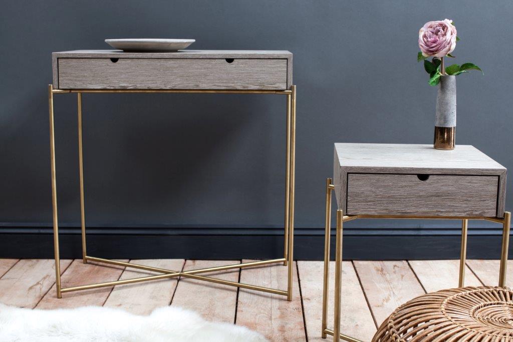 Gillmore Space Iris Square Plant Stand Weathered Oak Drawer 