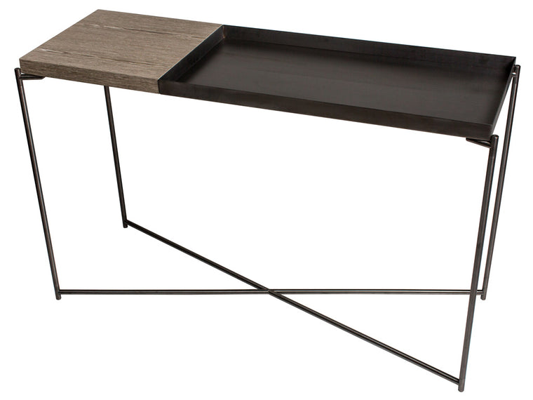 Gillmore Space Iris Large Console Table Weathered Oak Top & Large Gun Metal Tray