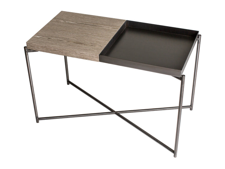 Gillmore Space Iris Rectangle Side Table Weathered Oak Top & Gun Metal Tray