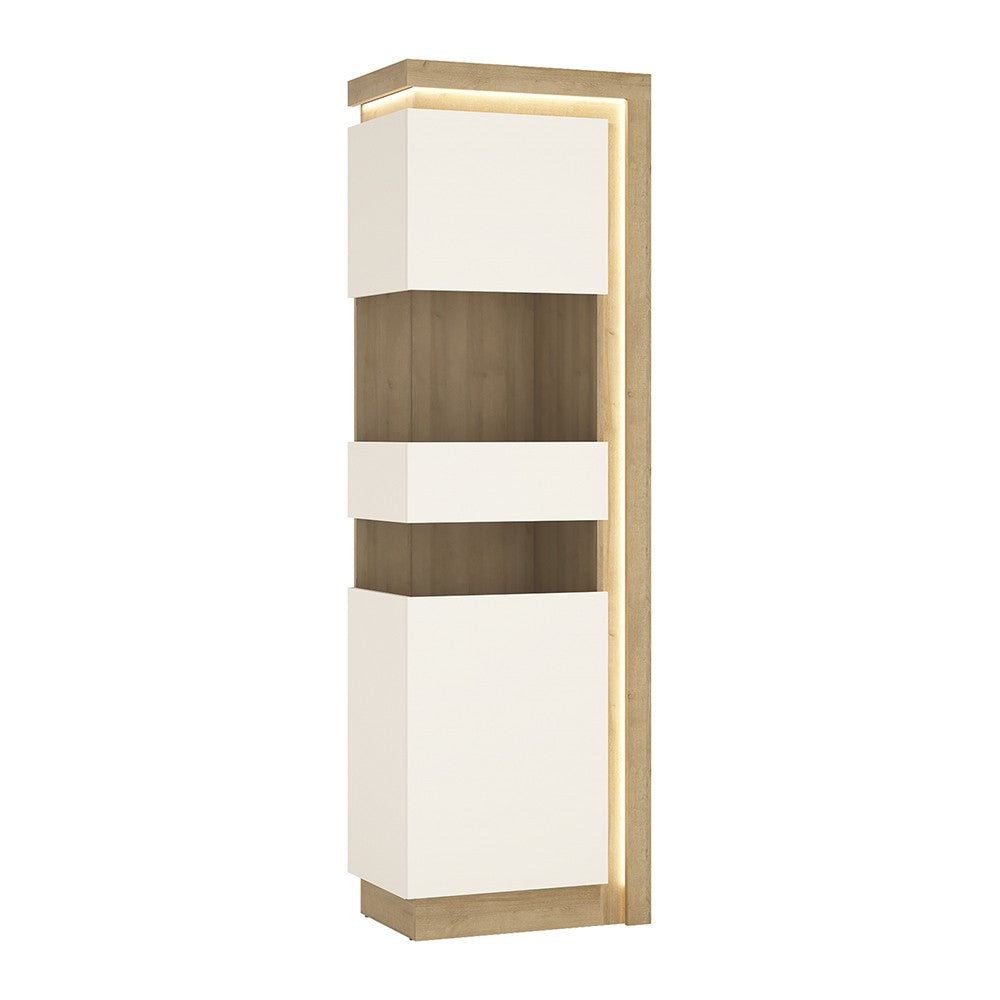 Axton Woodlawn Tall Narrow Display Cabinet (RHD) In Riviera Oak/White High Gloss